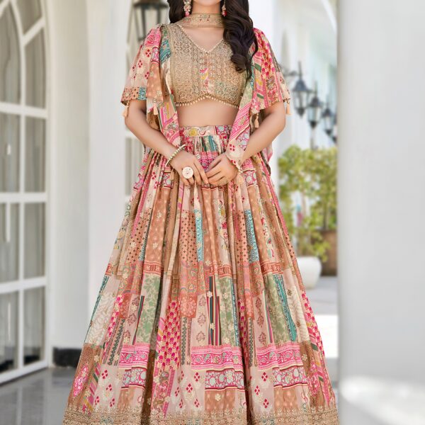 Beige Multicolor Printed Embroidered Lehenga