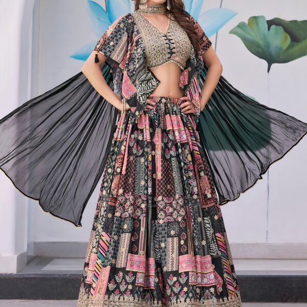Black Multicolor Printed Embroidered Lehenga