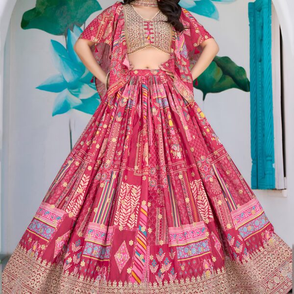 Pink Multicolor Printed Embroidered Lehenga