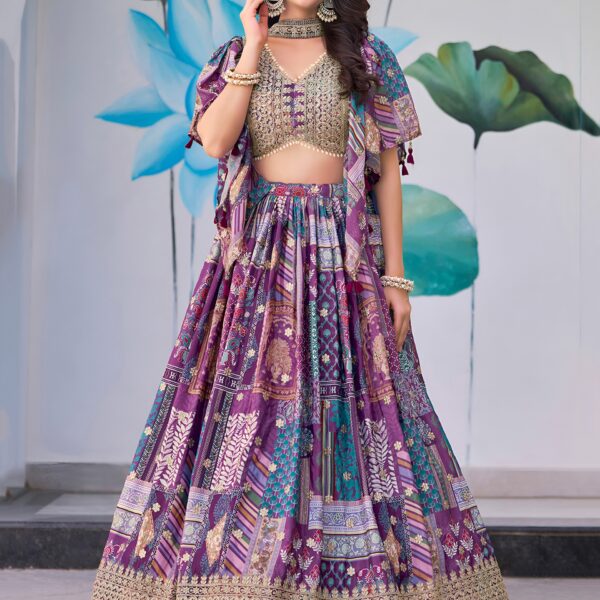 Purple Multicolor Printed Embroidered Lehenga