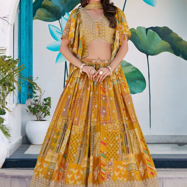 Yellow Multicolor Printed Embroidered Lehenga