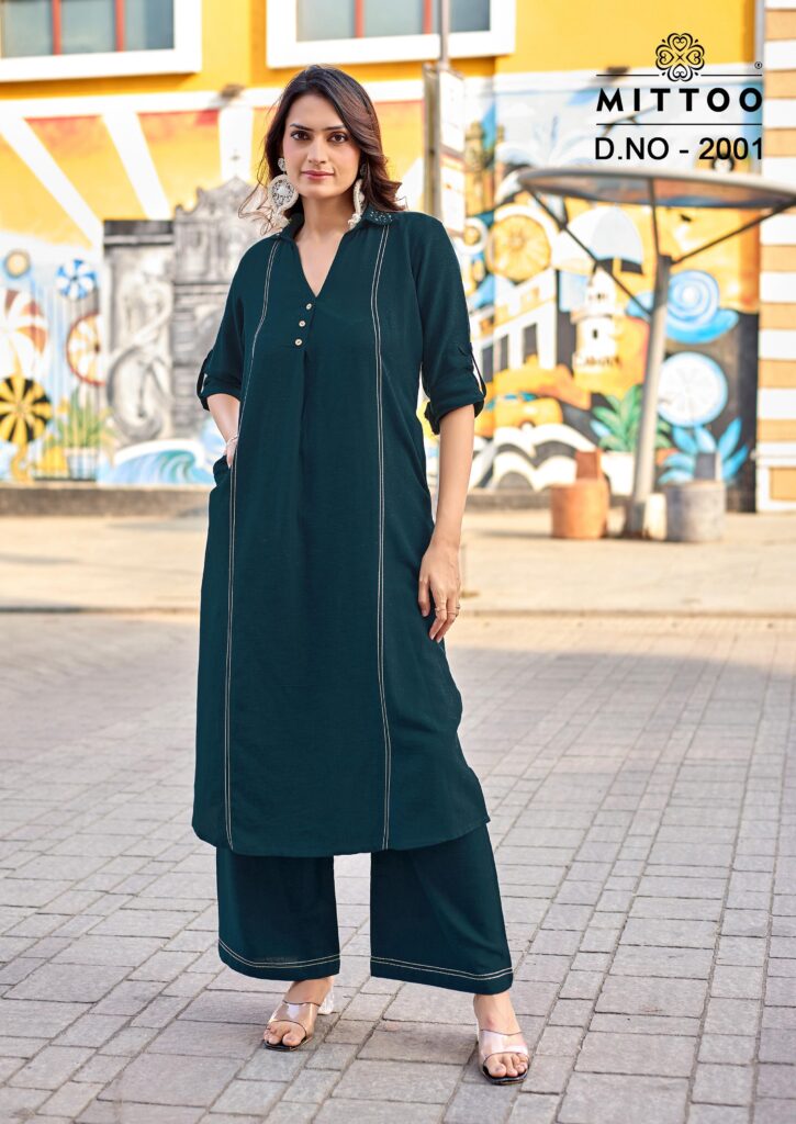 Size chart and label detail of MITTOO Estilla Rayon Linen collection from Surat.