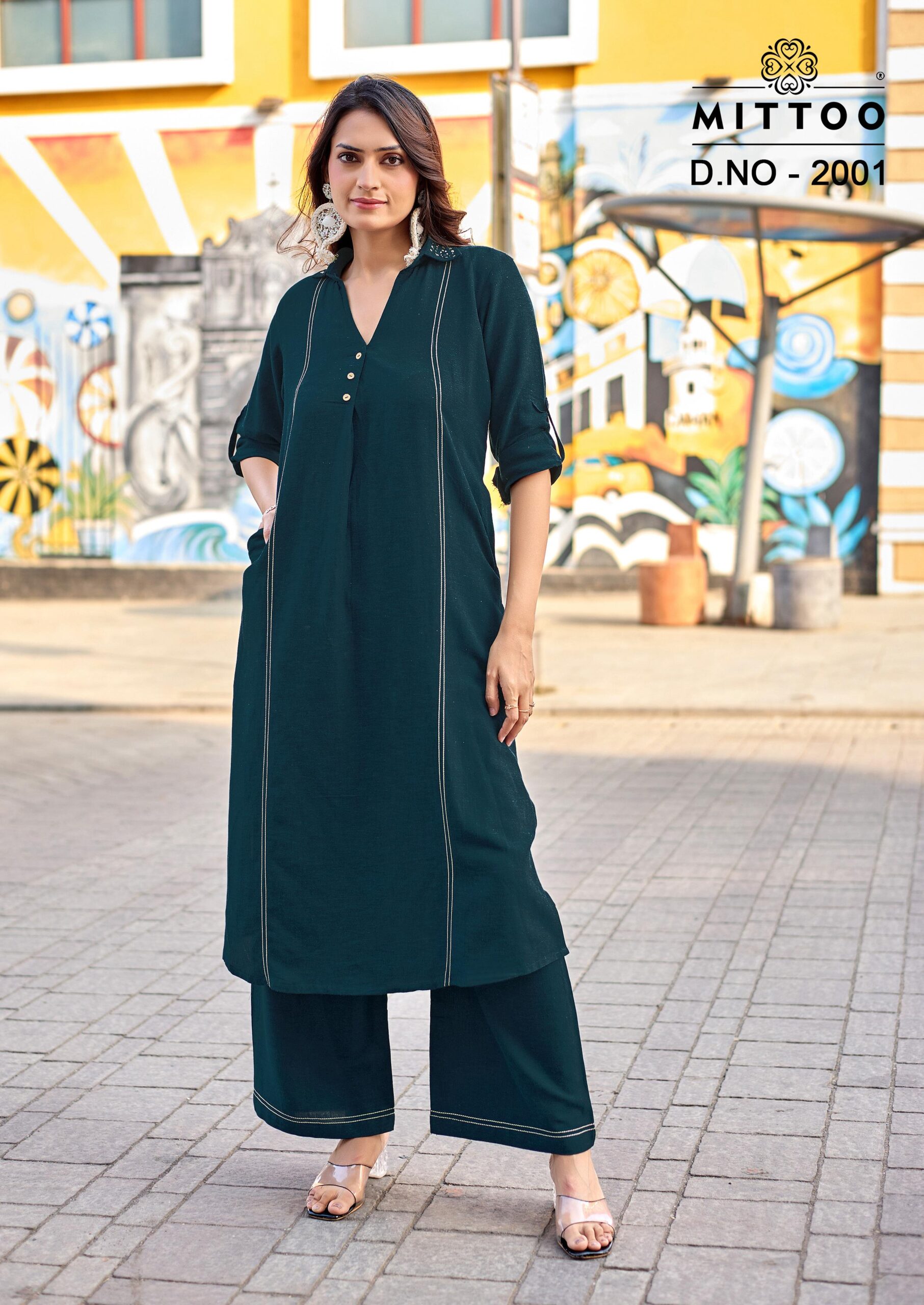 MITTOO Estilla Co-ord Set in premium Rayon Linen fabric. Size chart and label detail of MITTOO Estilla Rayon Linen collection from Surat.