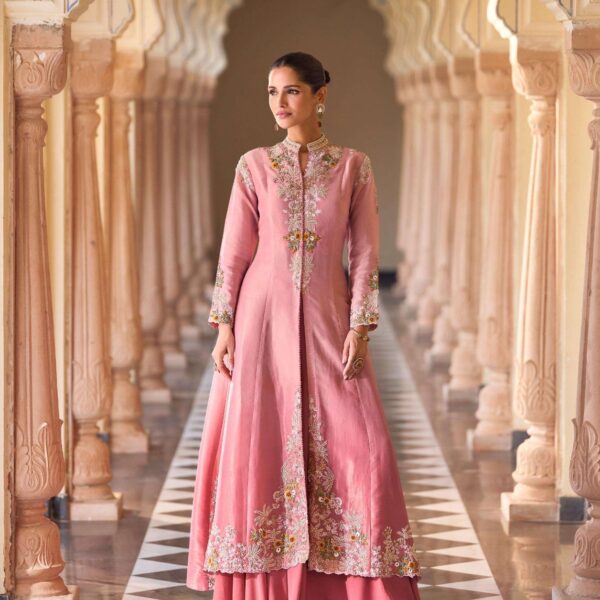 Sayuri Rosy Premium Chinon Embroidered Shrug Palazzo Set