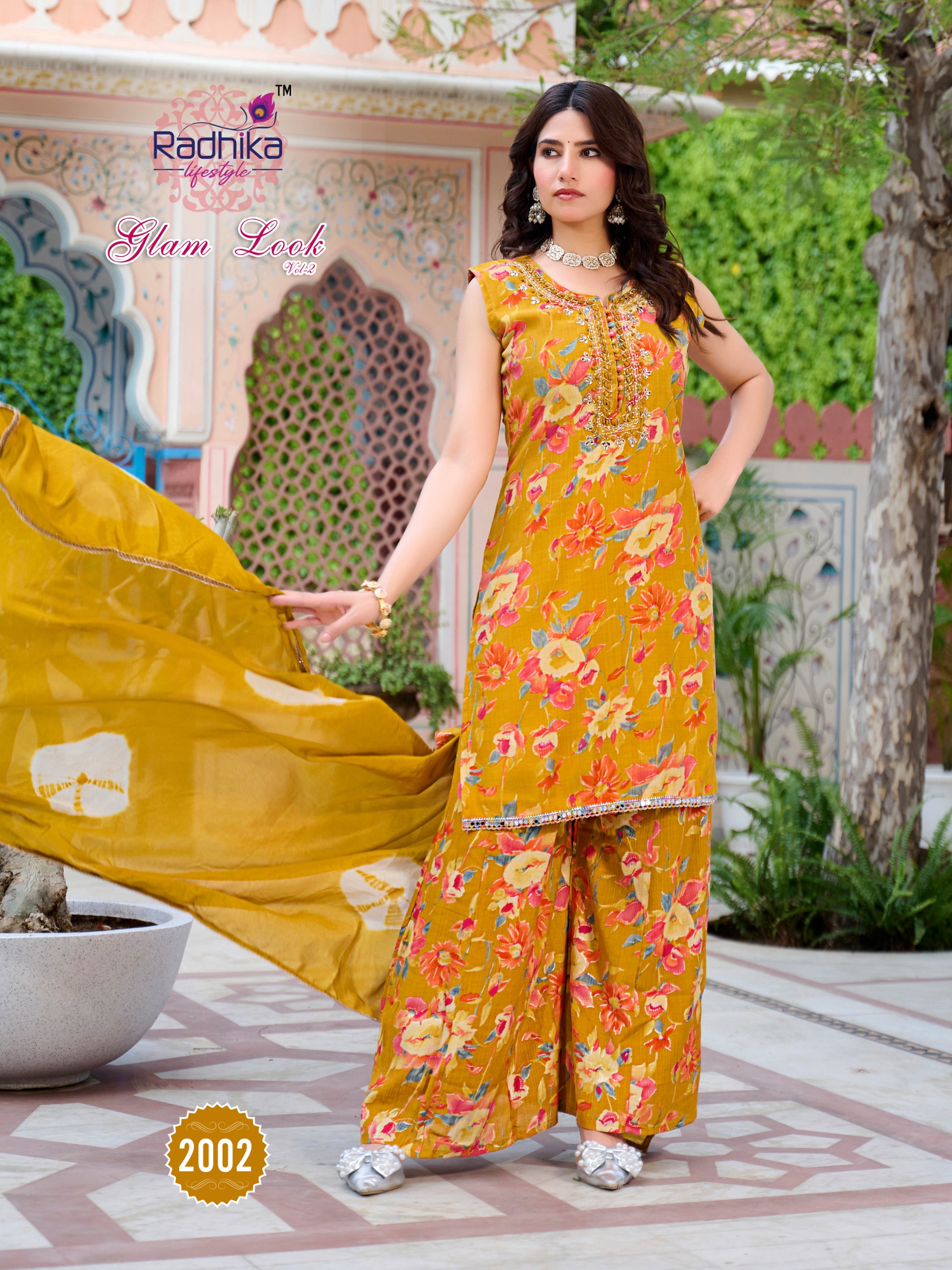 Main Front Full Look (Model Standing) Glam Look Vol-2 Designer Kurti Plazo with Cotton Inner Full Set