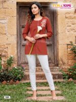 Front view of VIANA design 01 short kurti with 3/4 sleeves and ethnic embroidery on premium Dhabu cotton.