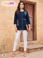 Model wearing VIANA Western style short kurti in 32-inch length, styled with denim for a fusion look.