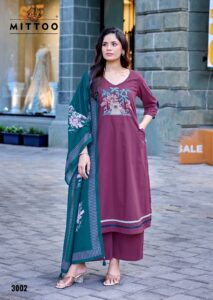 MITTOO ladies cotton suit set with muslin dupatta for festive and casual wear