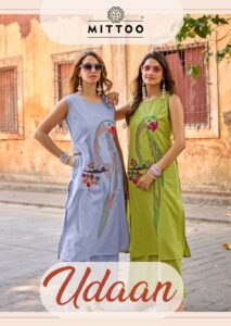 Full view of MITTOO Udaan design 6 kurti set with matching bottom