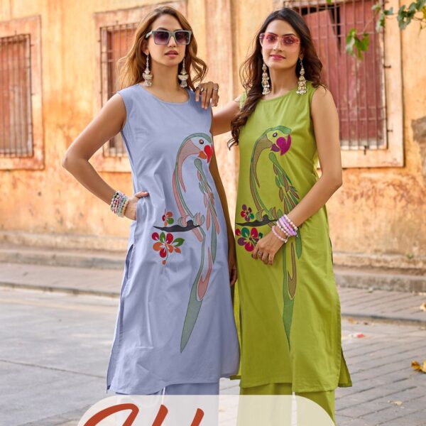 Full view of MITTOO Udaan design 6 kurti set with matching bottom