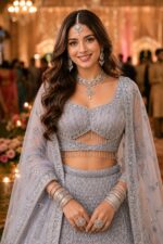 MRUDANGI DEVI premium net embroidered designer gown front view