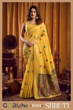 Premium Gobuni Shruti saree featuring katha work modal fabric and mina work