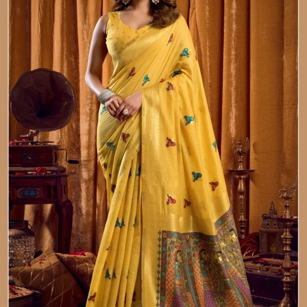 Premium Gobuni Shruti saree featuring katha work modal fabric and mina work