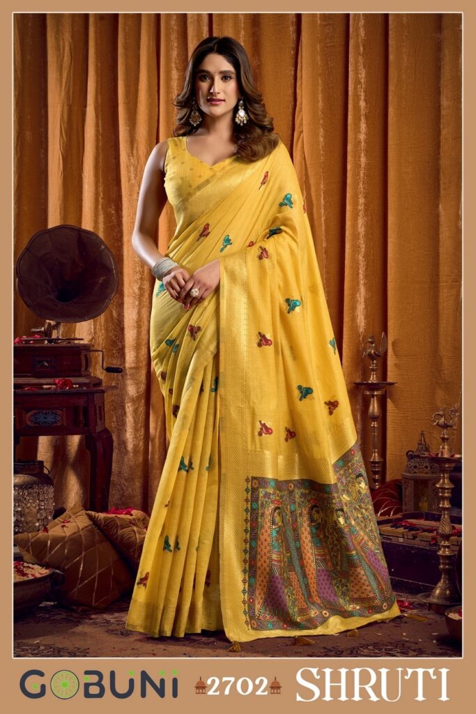 Premium Gobuni Shruti saree featuring katha work modal fabric and mina work