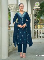 Women's festive wear kurti pant dupatta set crafted in premium Roman Silk fabric.