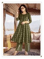 Front view of Mannat designer kurti palazzo set featuring elegant rayon print and 3/4 sleeves.