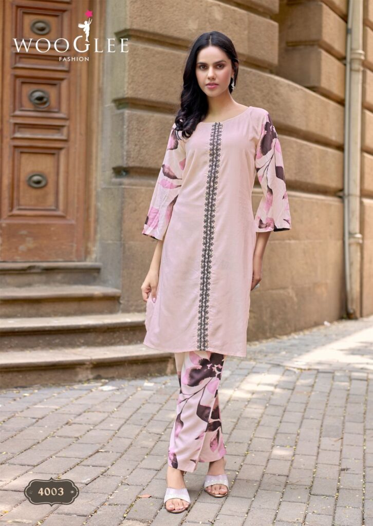 Stylish WOOGLEE Yanaa Designer Kurti Set in Heavy Rayon with Printed Bottom for wholesale and export