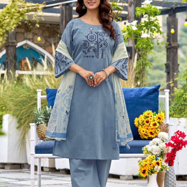 KADLEE Deeva Design 5 Sali Cotton Thread Work Kurti Set with Organza Print Dupatta