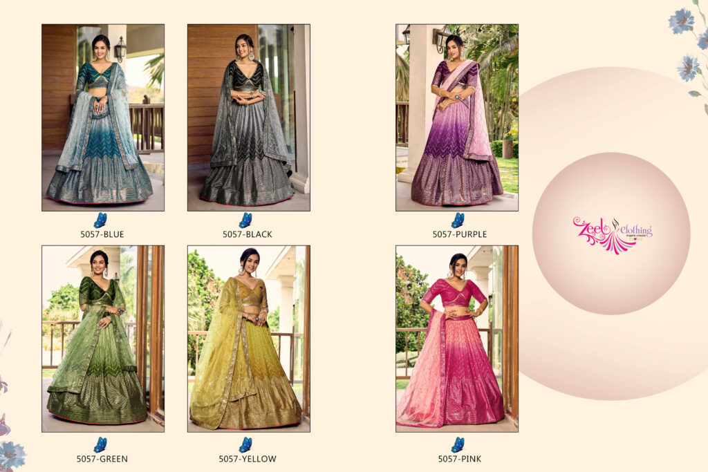 Designer embroidered Chinon lehenga choli with soft net dupatta by Zeel Clothing Kimaya available in six attractive colours