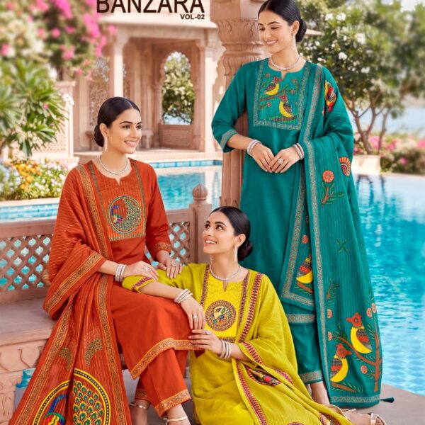 WOODEE BANZARA Vol 2 Premium Straight Cut 3 Piece Suit Set with Muslin Dupatta | Wholesale Surat