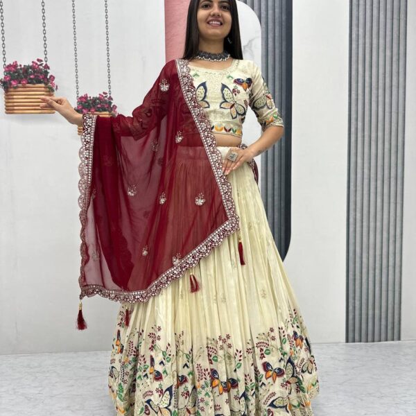 Cream Elegance Wedding Wear Lehenga Choli With Cancan | Pure Tissue Silk Heavy Sequence Work