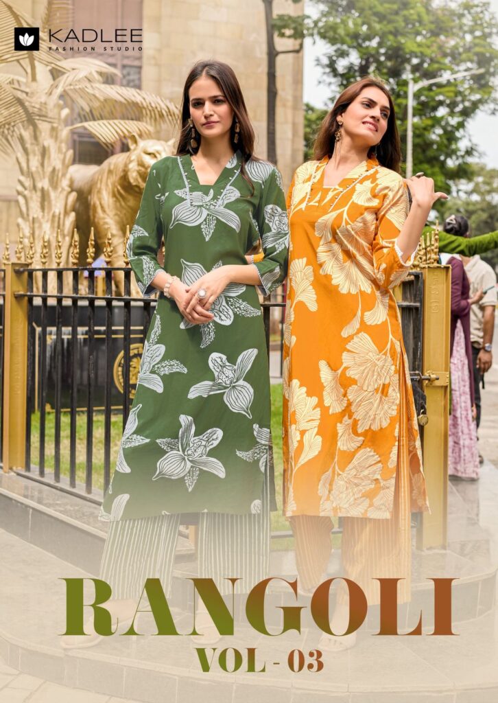 kadlee rangoli vol 3 design 6 rayon print kurti set.webp