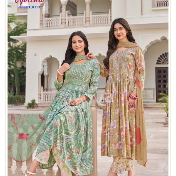 KAVYA JYOTIKA Vol. 41 – Premium Umbrella Cut Foil Print 3-Piece Suit Collection | B2B Wholesale & Export