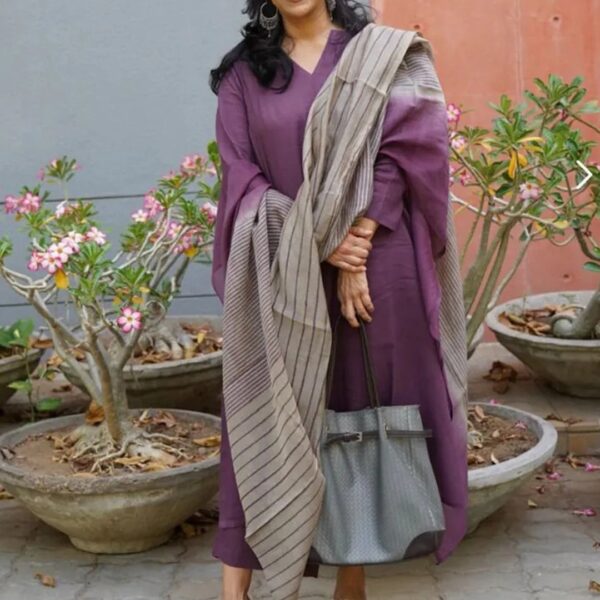 Purple Rayon Printed Kurti Pant Dupatta Set – Fully Stitched 3 Piece