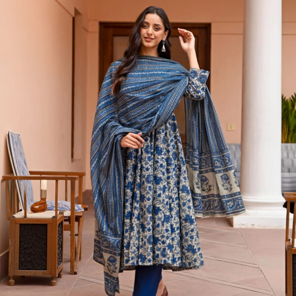 Navy Blue Rayon Printed Kurti Pant Dupatta