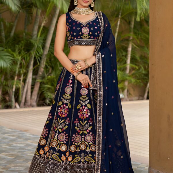 Navy Blue Embroidered Georgette Lehenga Choli | The OM Dresses