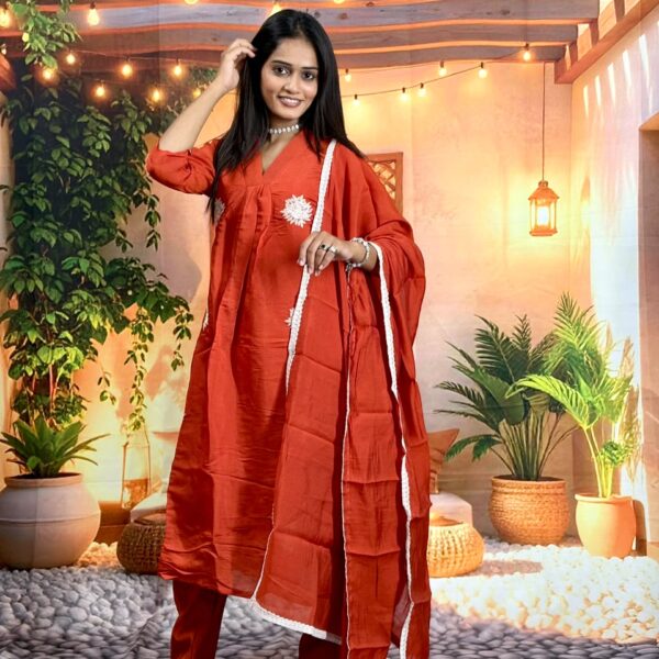 Mull Chanderi Embroidered 3 Piece Suit Set with Chanderi Bottom & Lace Dupatta