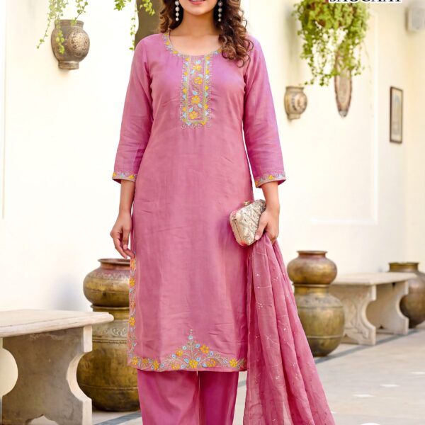 Passion Tree Saugaat Vol-1 Heavy Mal Chanderi 3 Piece Suit | Embroidered Straight Top with Pant Palazzo & Dupatta