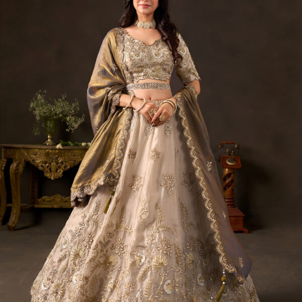 Olive Gold Botanical Elegance Embroidered Lehenga Choli Set