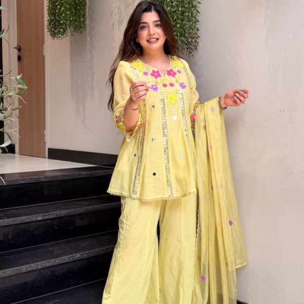 Yellow Chinon Embroidered Top Bottom Dupatta Set for Women