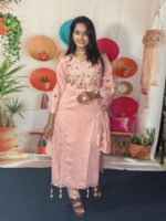 Dusty pink Roman Silk embroidered kurti pant dupatta set with latkan work.