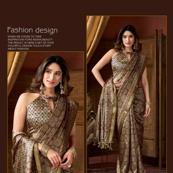 GOBUNI Samaira Ajrak printed saree with Jacquard border and Jhallar