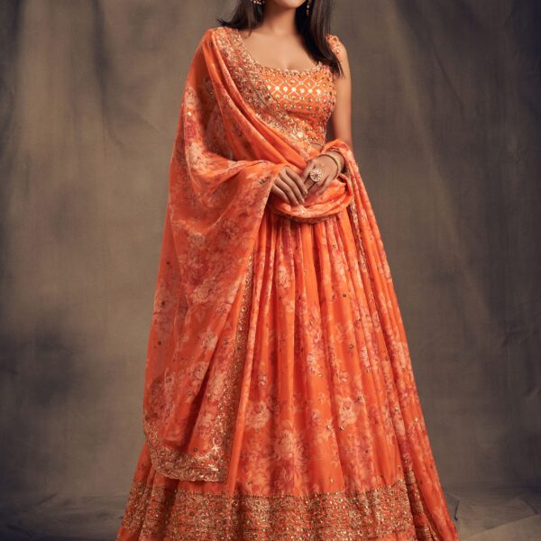 Orange Floral Printed Designer Lehenga Choli with Sequins & Zari Embroidery – Wedding & Party Wear