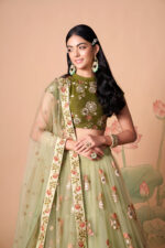 Pista green and mehandi mirror work lehenga choli front view