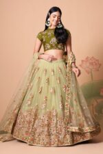 1. Pista green floral embroidered lehenga for wedding