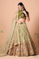 Pista green embroidered wedding lehenga for women