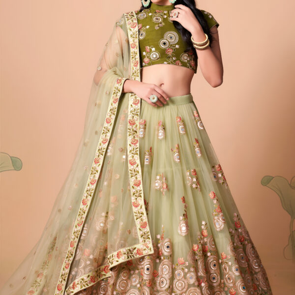 Pista green embroidered wedding lehenga for women