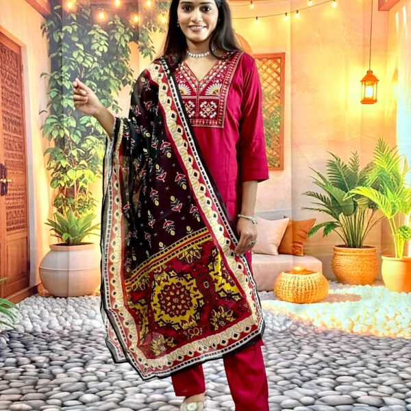 Roman Silk Embroidered Suit Set with Chanderi Printed Dupatta