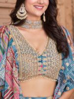 Sky blue Chinnon Silk lehenga with ornate golden embroidered hemline