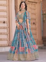 Sky blue designer lehenga featuring multicolour floral digital prints