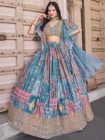Sky blue Chinnon Silk lehenga blouse with Zari Dori embroidery and pearl lace