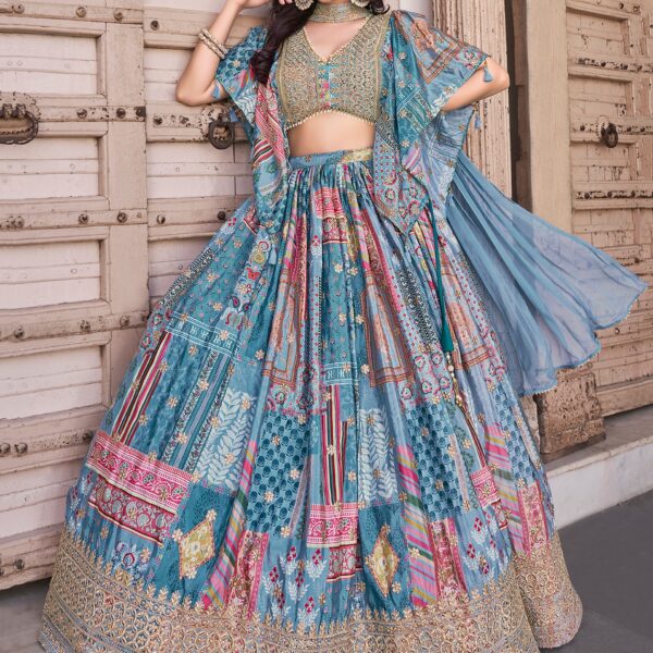 Sky blue Chinnon Silk lehenga blouse with Zari Dori embroidery and pearl lace