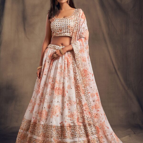 White & Peach Floral Printed Designer Lehenga Choli – Product Listing for Raal Silk